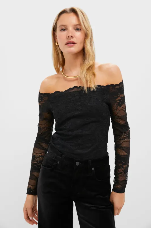 Black Lace Off the Shoulder Bari Top sold by Tuckernuck