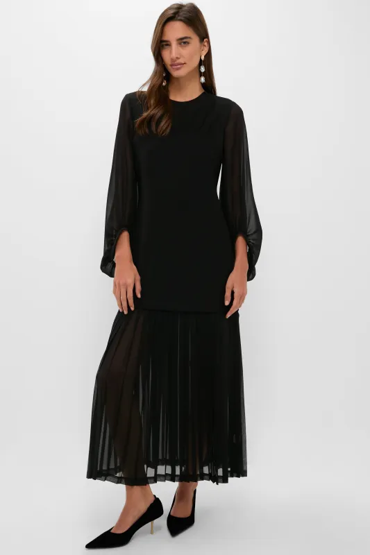 Black Chiffon Pleated Lorraine Dress sold by Tuckernuck