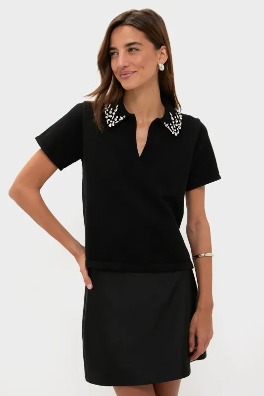 Black Knit Embellished Anica Polo sold by Tuckernuck