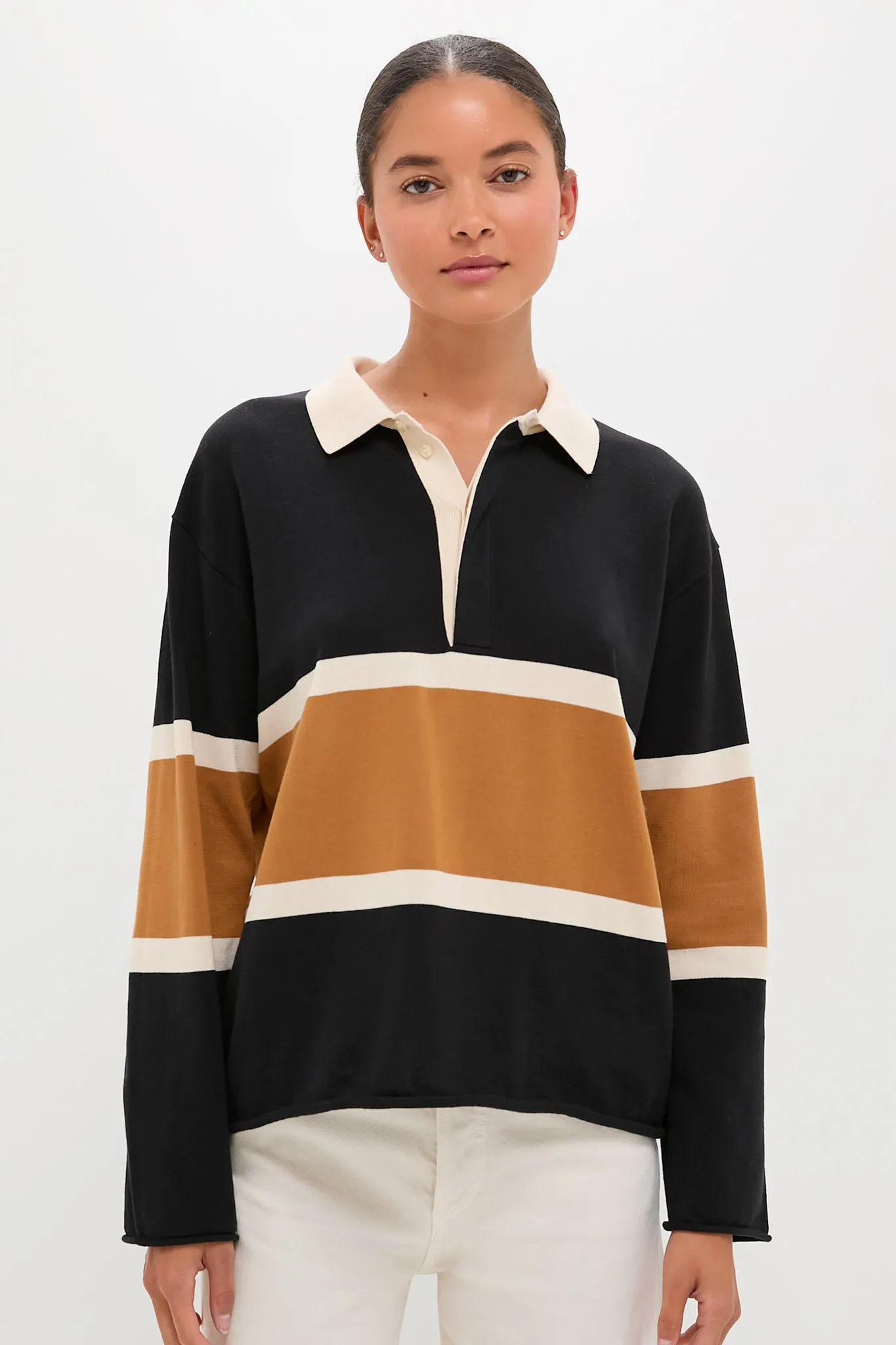 Black with Bronze Stripe Rugby Sweater sold by Tuckernuck