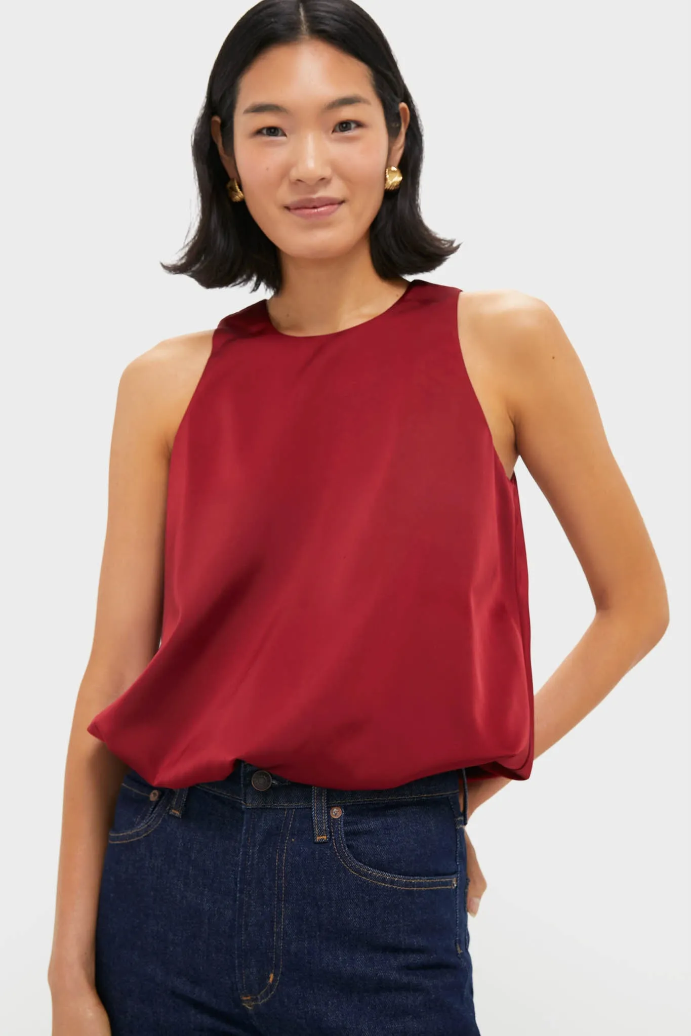 Red Satin Ramona Bubble Hem Top sold by Tuckernuck