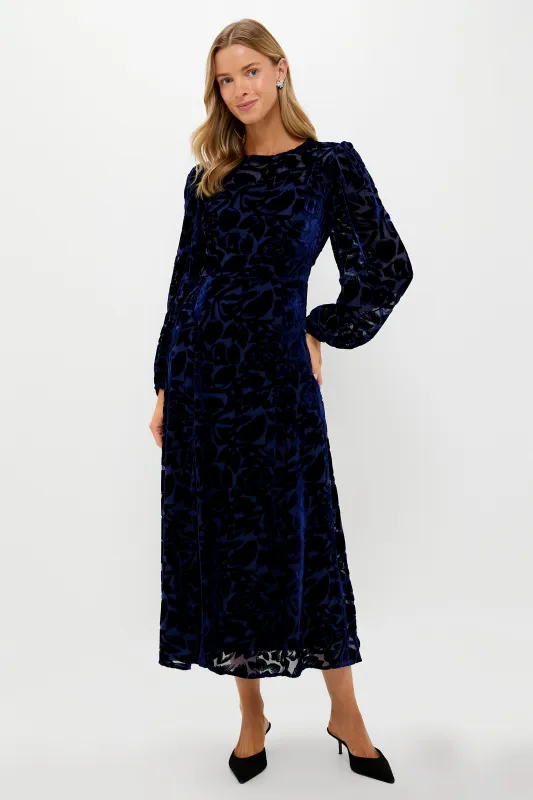 Navy Burnout Velvet Odette Maxi Dress sold by Tuckernuck