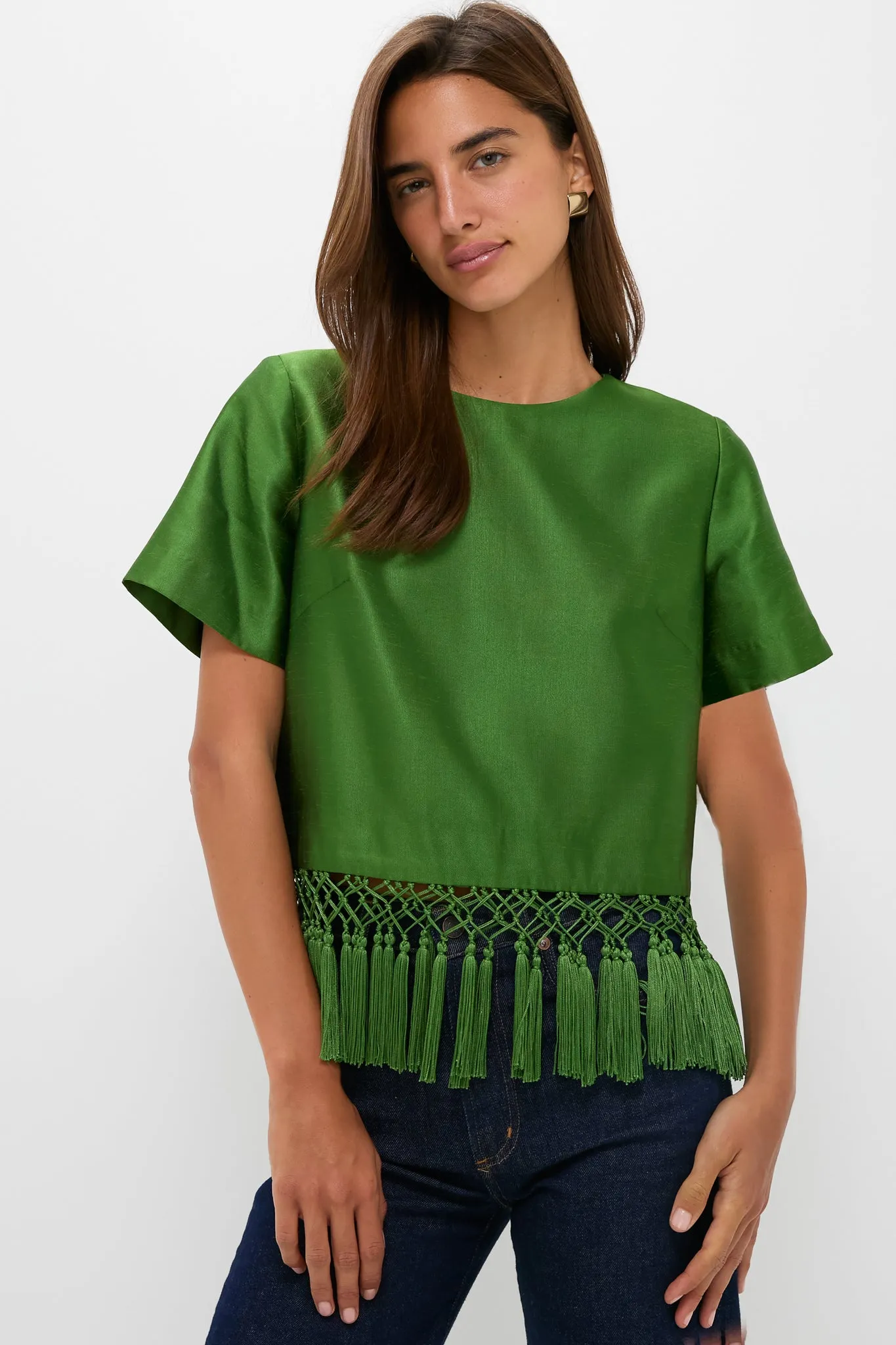 Green Dupioni Chadwick Tassel Top sold by Tuckernuck