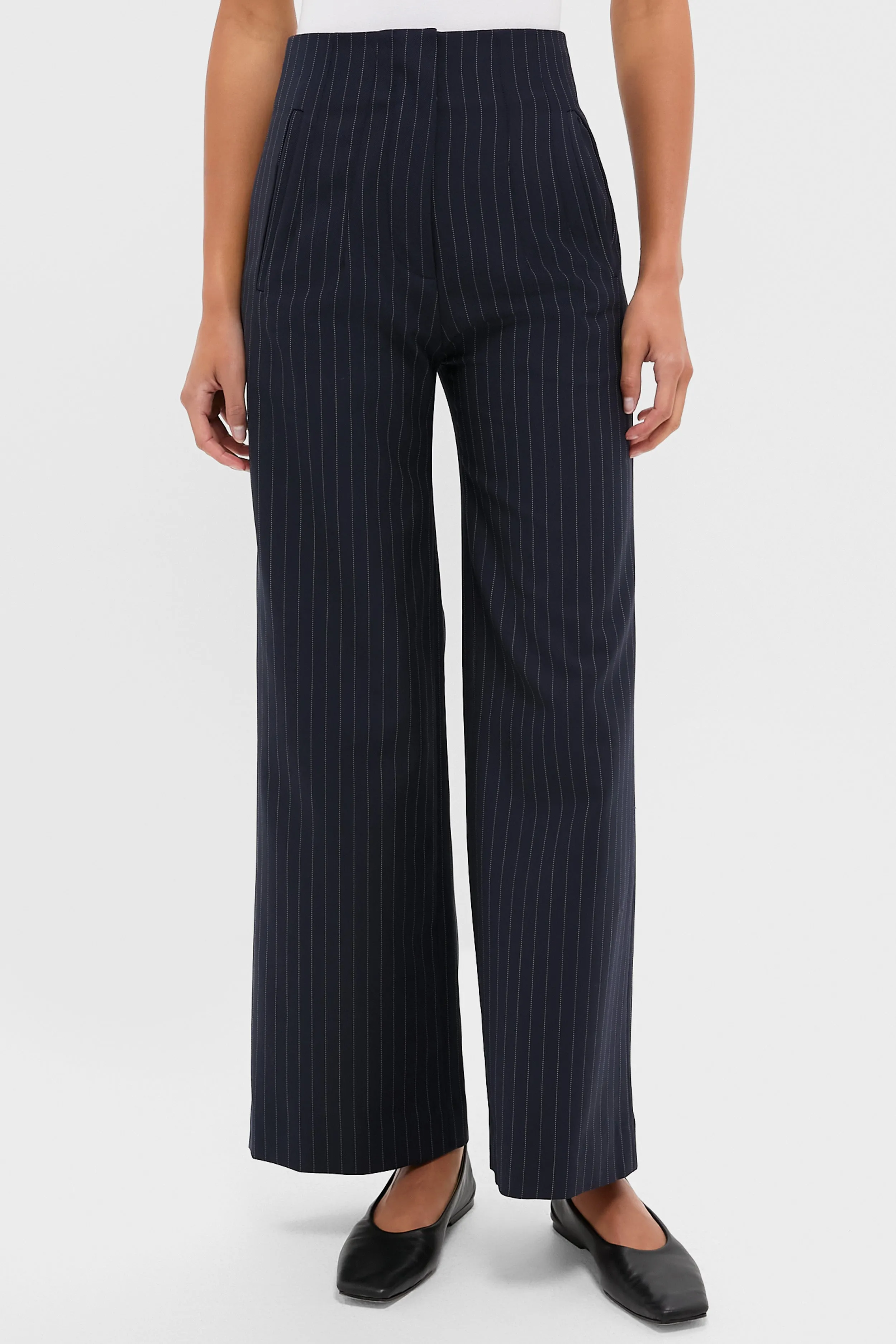 Navy Pinstripe Darted Wideleg Trouser sold by Tuckernuck