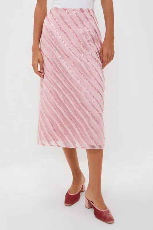 Soft Pink Shimmer Stripes Milan Midi Skirt sold by Tuckernuck