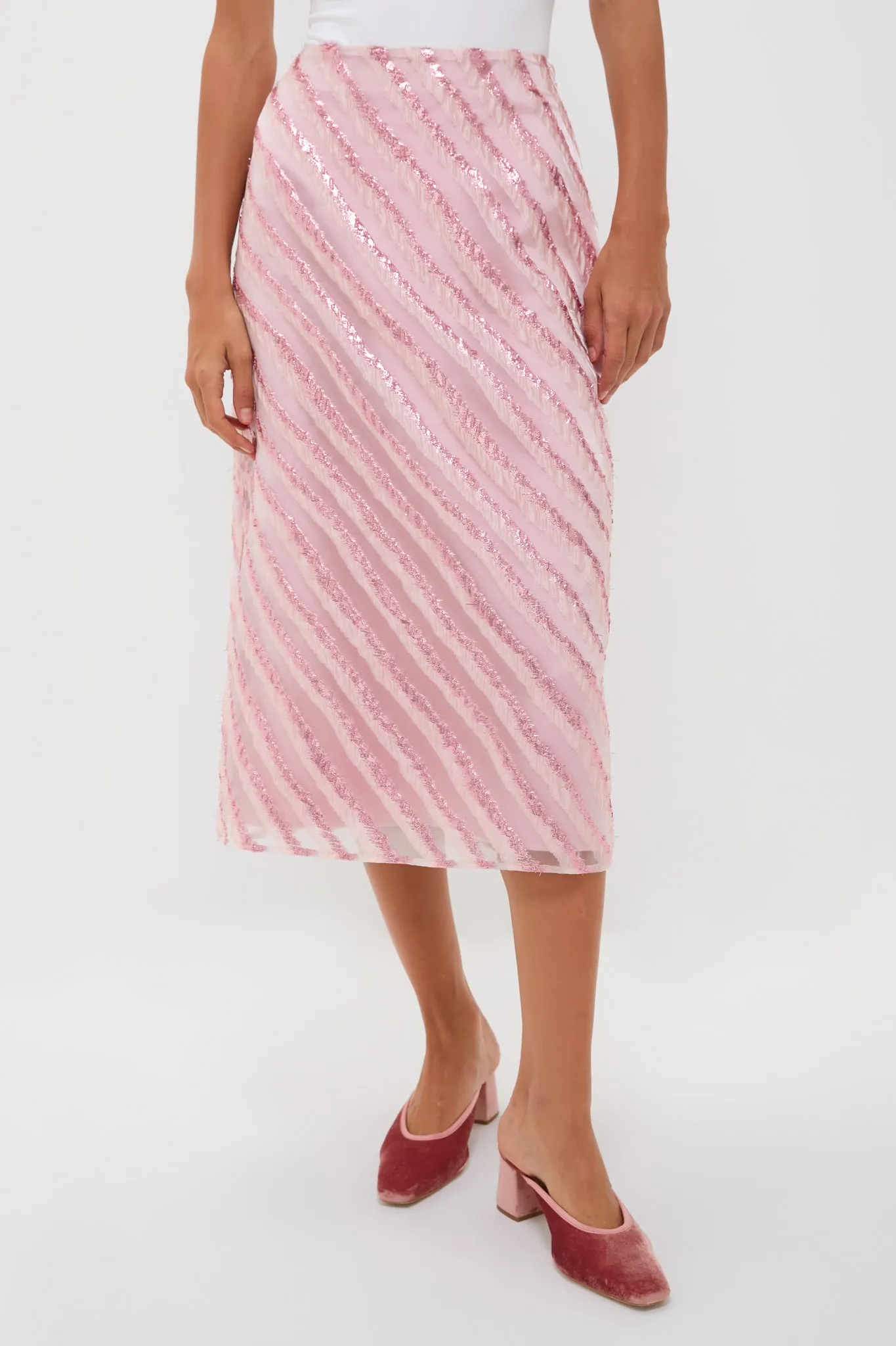 Soft Pink Shimmer Stripes Milan Midi Skirt sold by Tuckernuck
