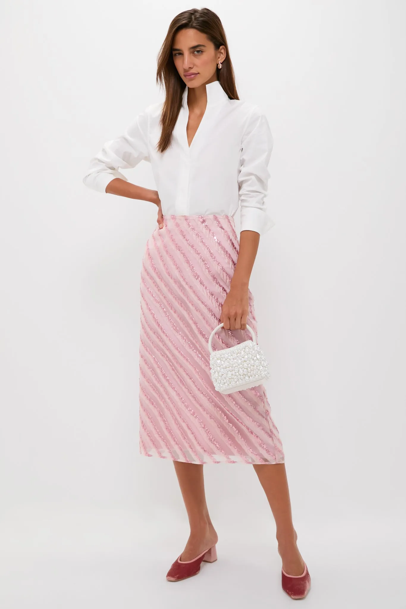 Soft Pink Shimmer Stripes Milan Midi Skirt sold by Tuckernuck product image thumbnail 2