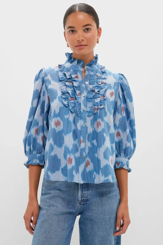 Jinja Blue Ruffle Front Button Blouse sold by Tuckernuck