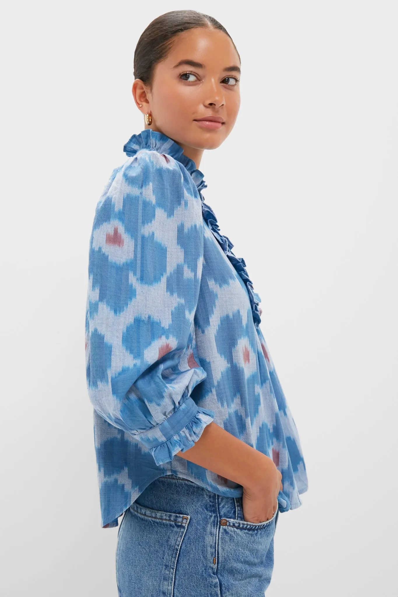 Jinja Blue Ruffle Front Button Blouse sold by Tuckernuck product image thumbnail 3