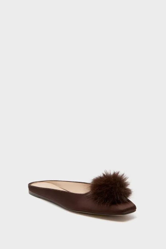 Chocolate Satin Nilli Flats with Pom Pom sold by Tuckernuck