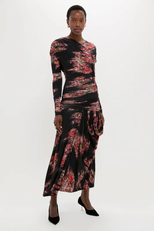 Black Printed Shiny Jersey Ruched Long Dress sold by Tuckernuck