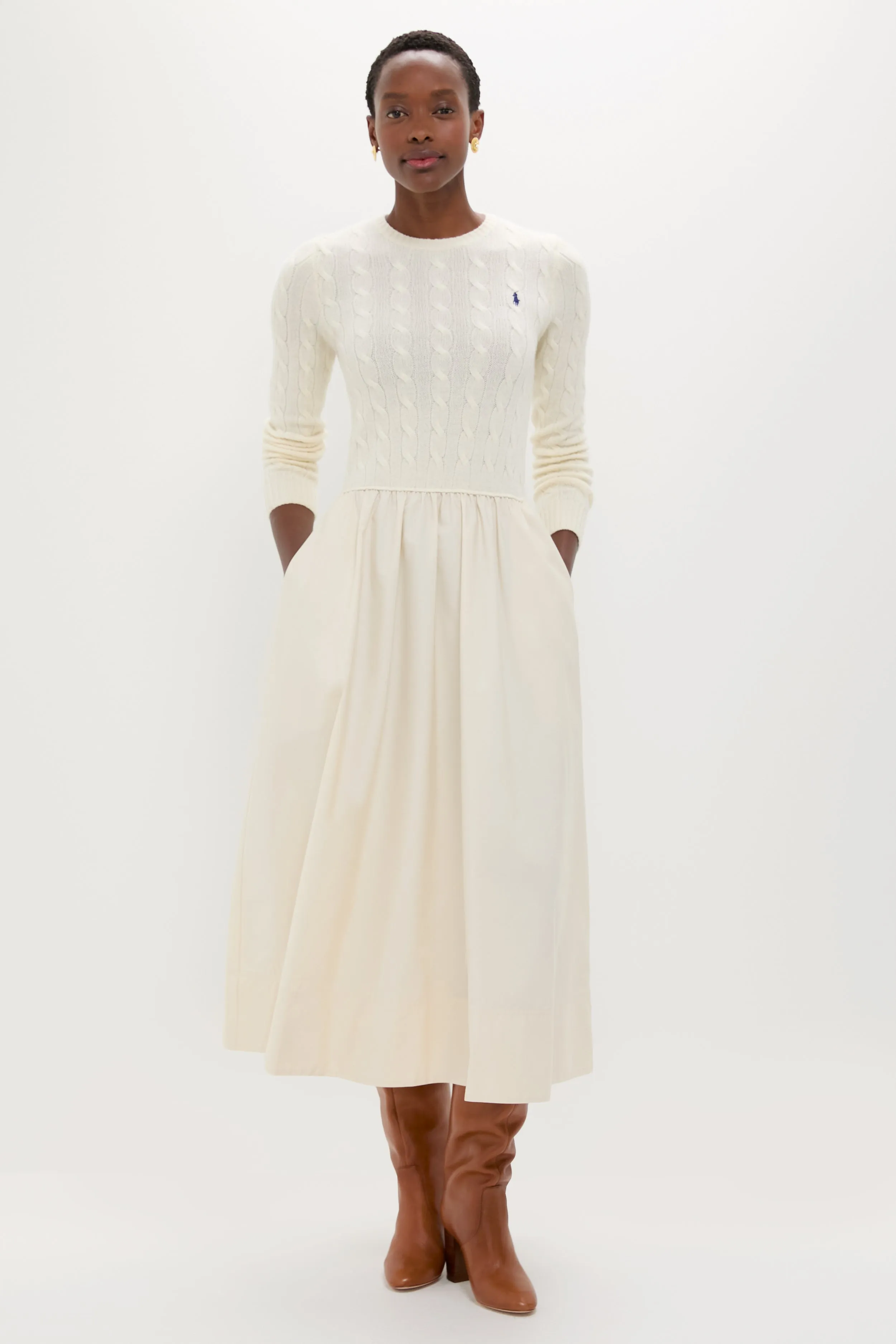 Authentic Cream Crewneck Long Sleeve Fit and Flare Dress sold by Tuckernuck