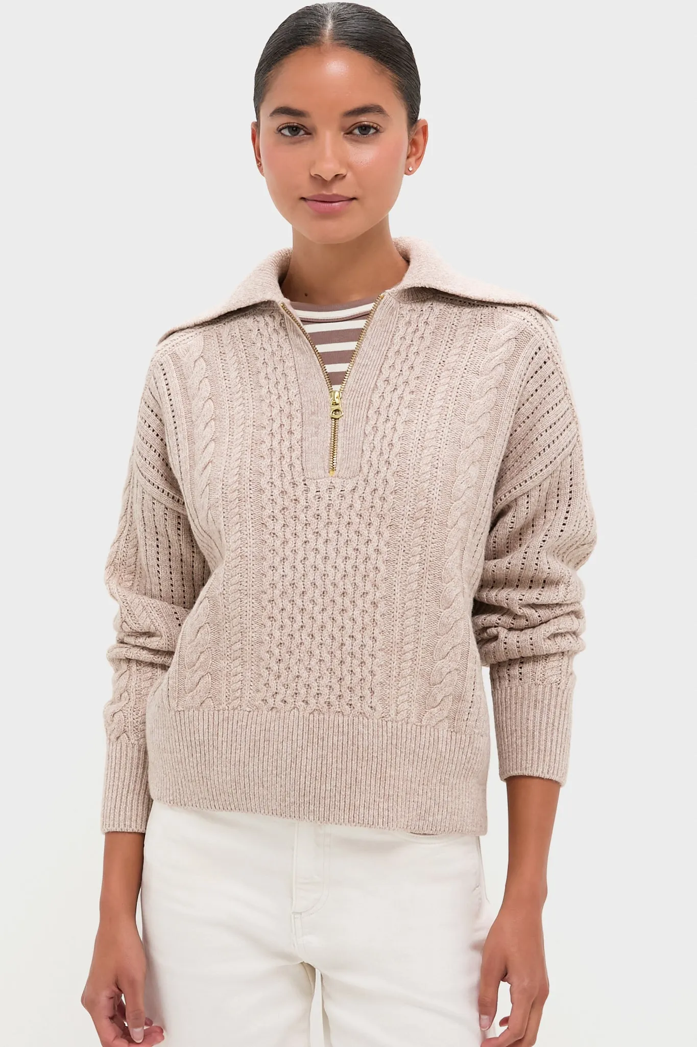 Parchment Camello Relaxed Cable Half Zip sold by Tuckernuck