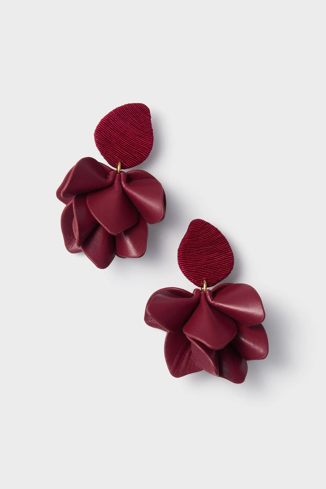Oxblood Silk and Leather Orchid Earrings sold by Tuckernuck