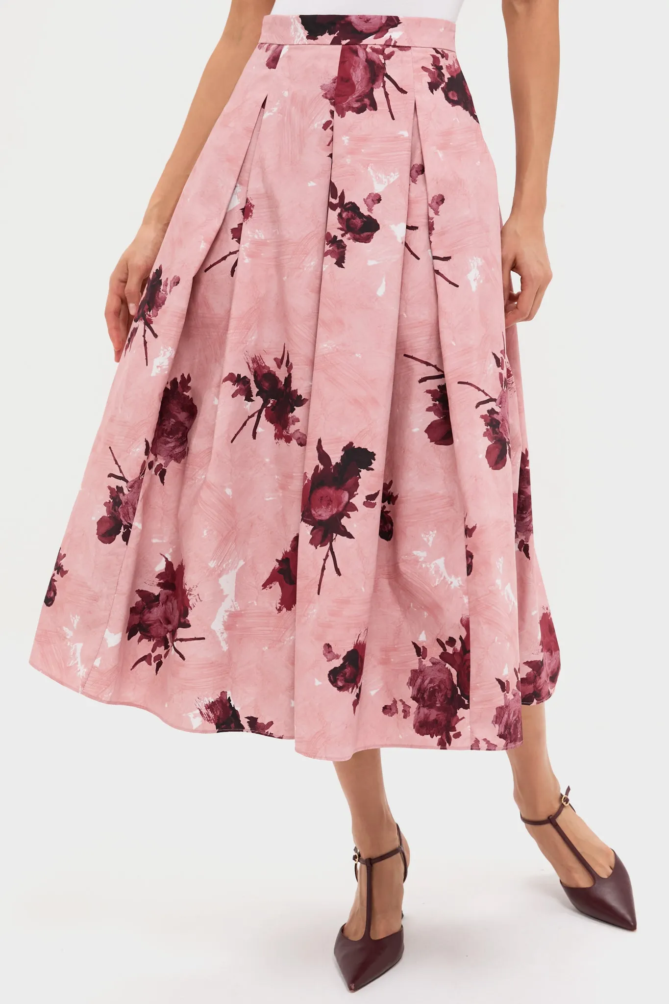 Abstract Rose Slipper Pink Pleated Midi Skirt sold by Tuckernuck