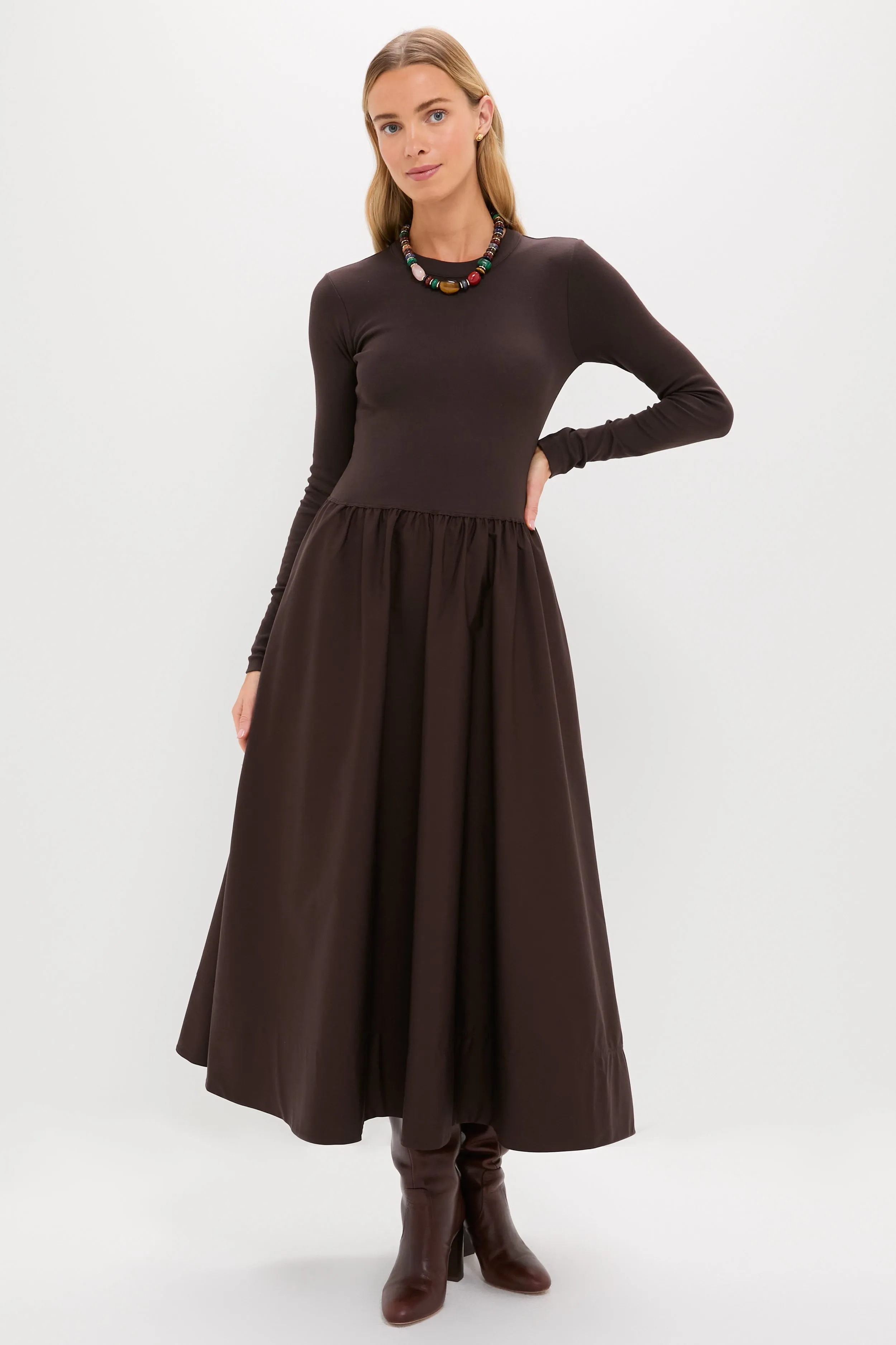 Squire Brown Rib Knit Crew Neck Long Sleeve A-Line Dress sold by Tuckernuck