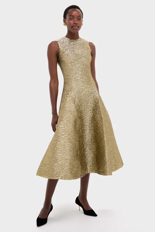 Gold Metallic Seersucker Mara Midi Dress made by Emilia Wickstead
