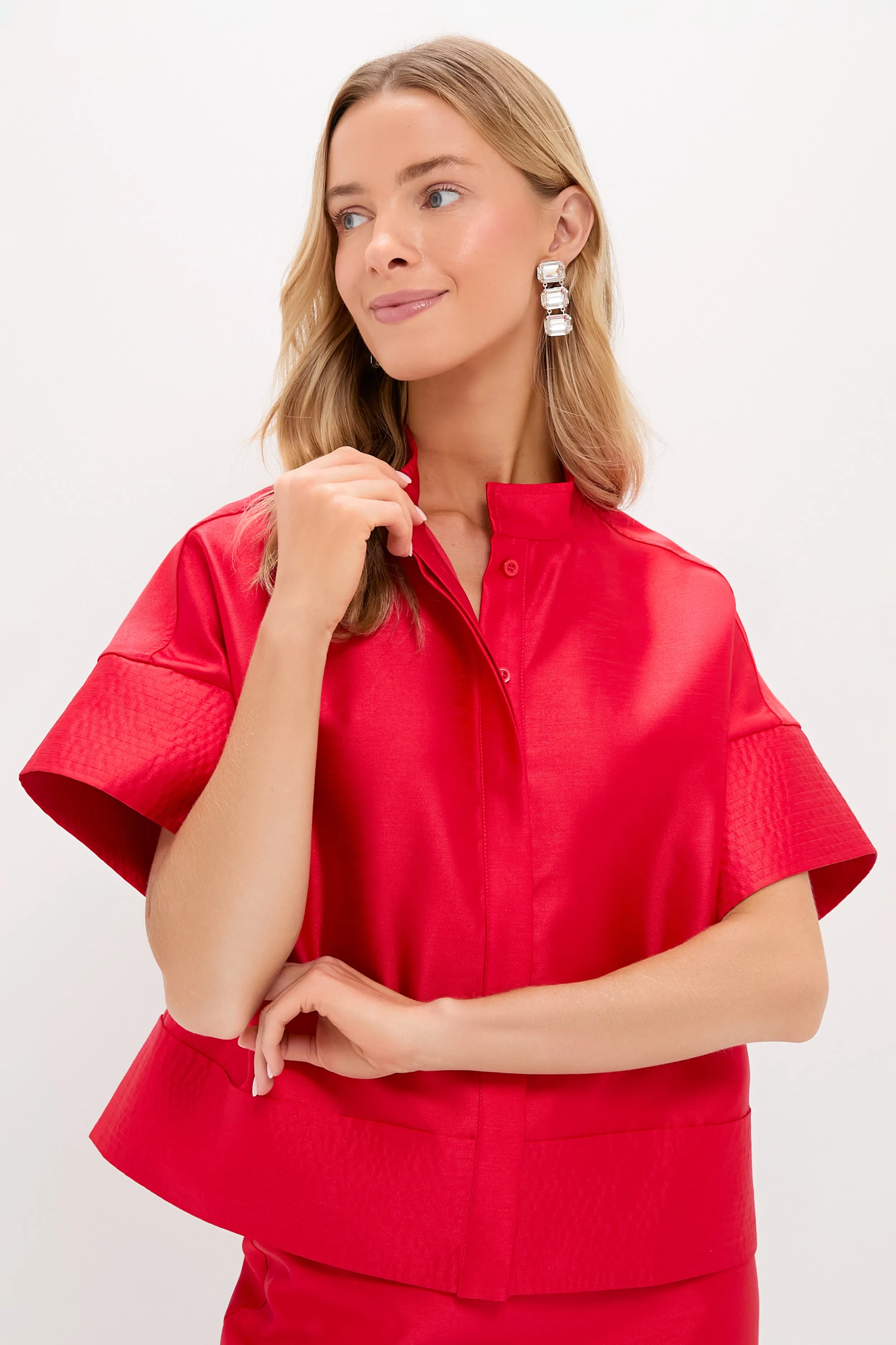 Red Dupioni Trapunto Stitch Sofia Shirt sold by Tuckernuck