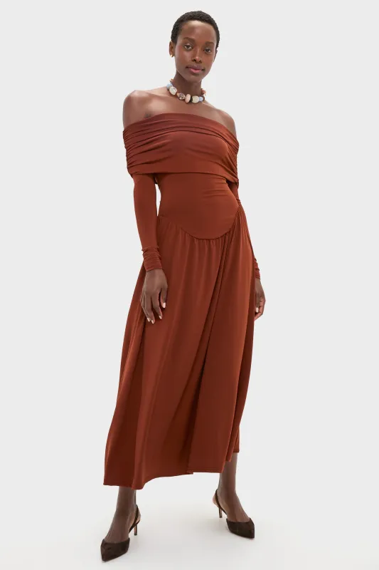 Burgundy Off the Shoulder Ruched Midi Dress sold by Tuckernuck