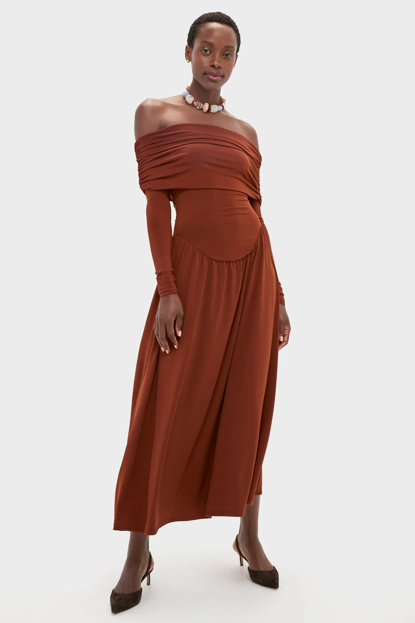 Burgundy Off the Shoulder Ruched Midi Dress sold by Tuckernuck
