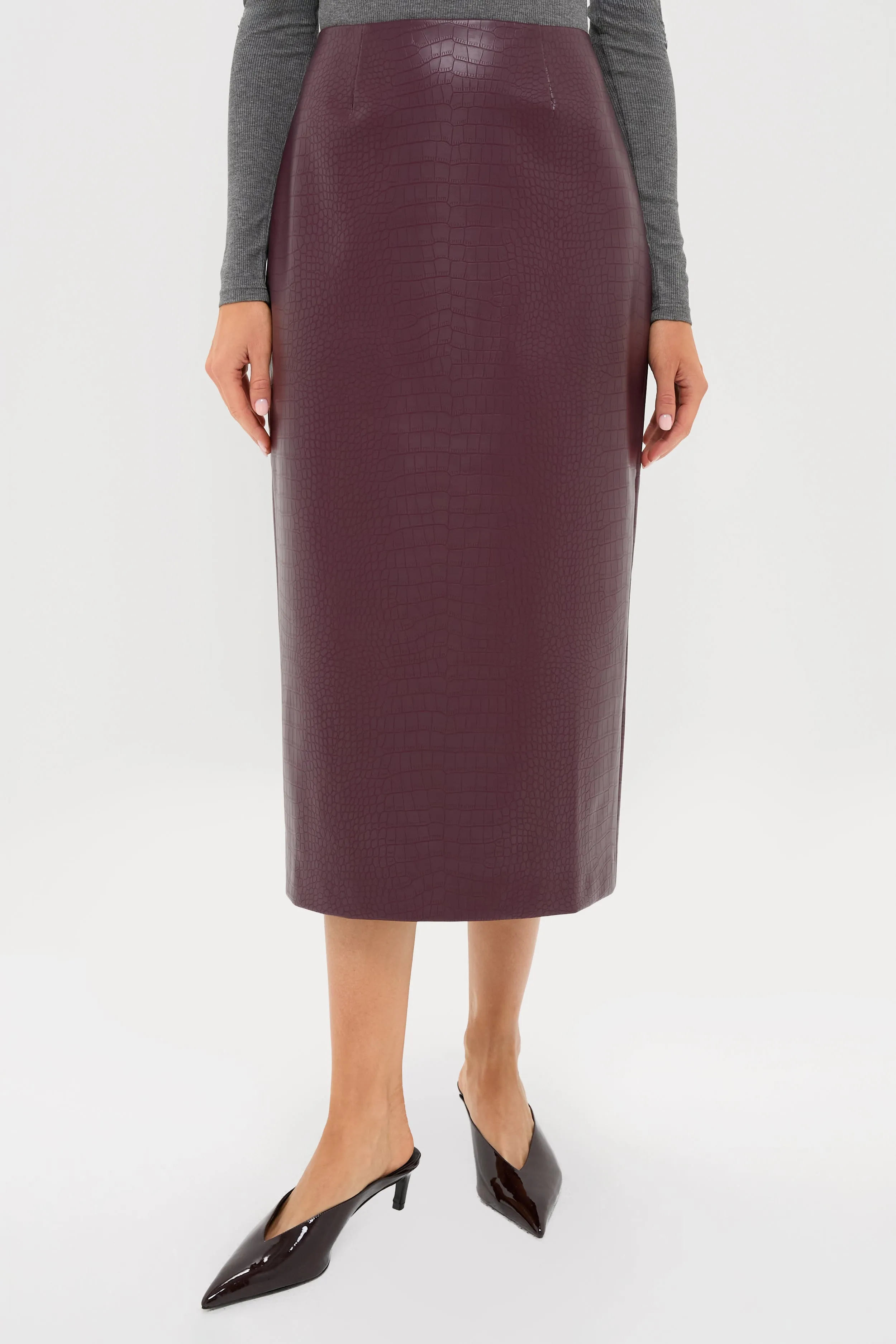 Plum Stamped Faux Leather Ellington Skirt sold by Tuckernuck