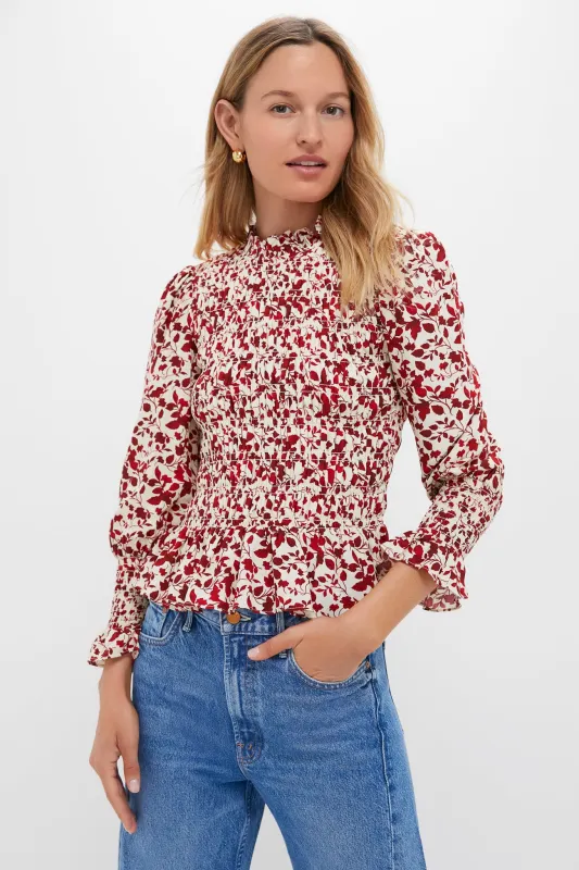 Red & Cream Floral Smocked Cynthia Blouse sold by Tuckernuck