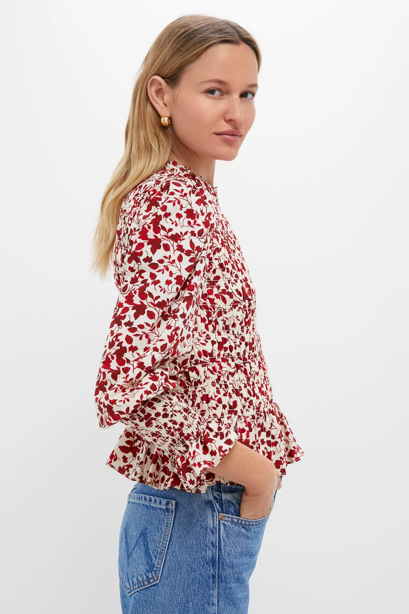 Red & Cream Floral Smocked Cynthia Blouse sold by Tuckernuck product image thumbnail 4