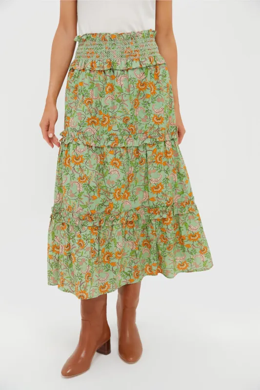 Mint & Orange Floral Smocked Odette Midi Skirt sold by Tuckernuck