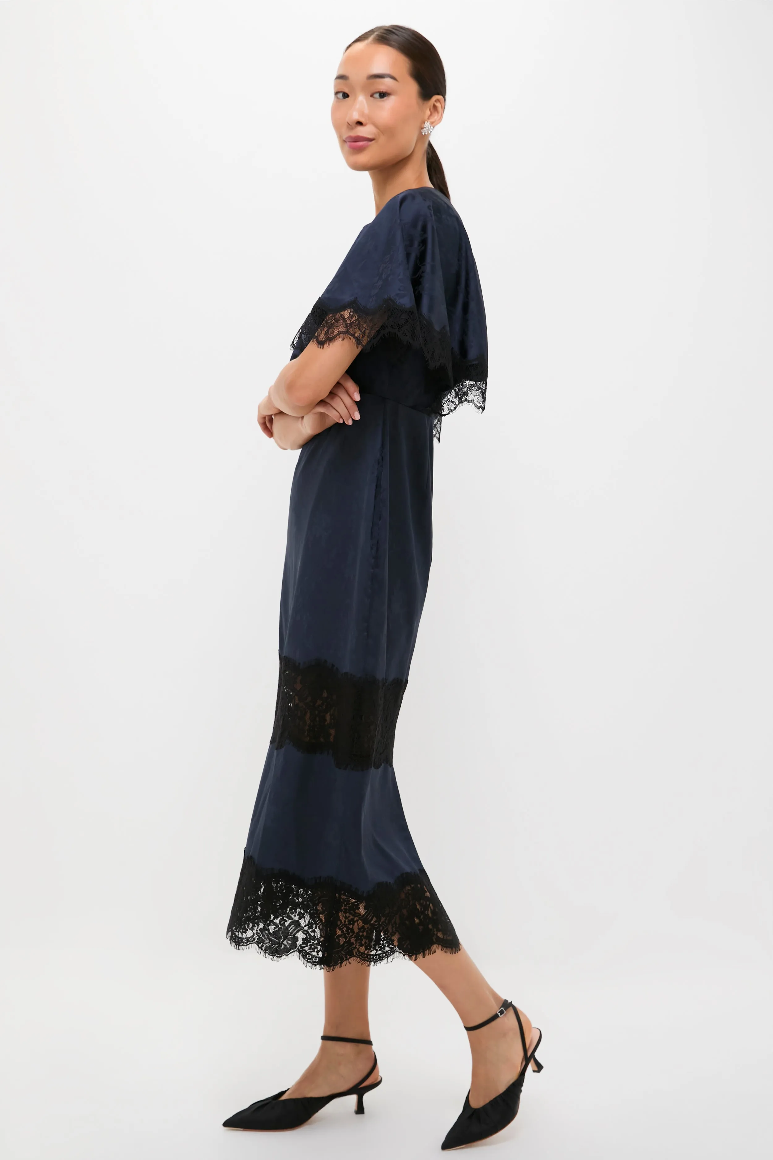 Navy Jacquard and Black Lace Cape Leah Dress sold by Tuckernuck product image thumbnail 4