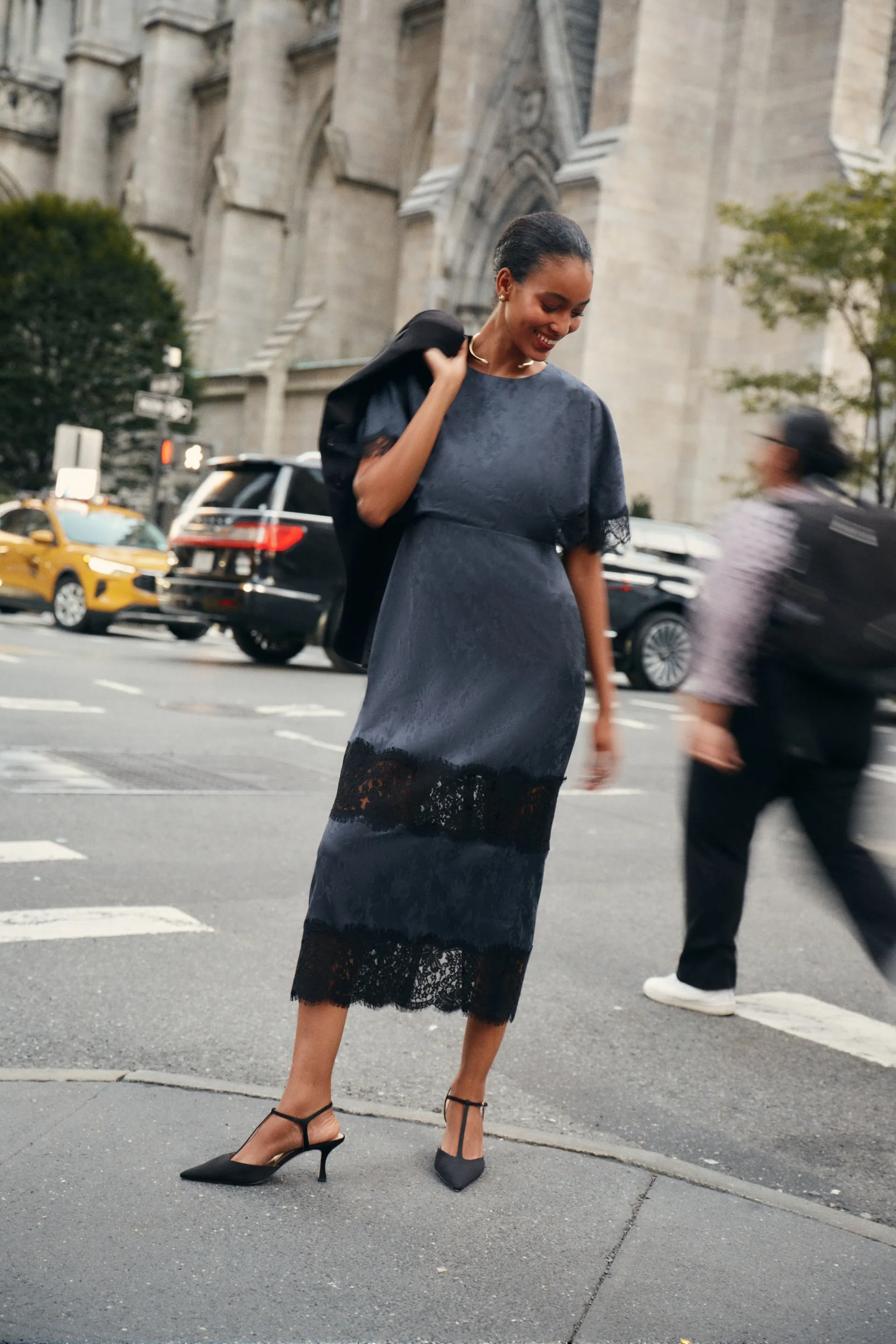 Navy Jacquard and Black Lace Cape Leah Dress sold by Tuckernuck product image thumbnail 2