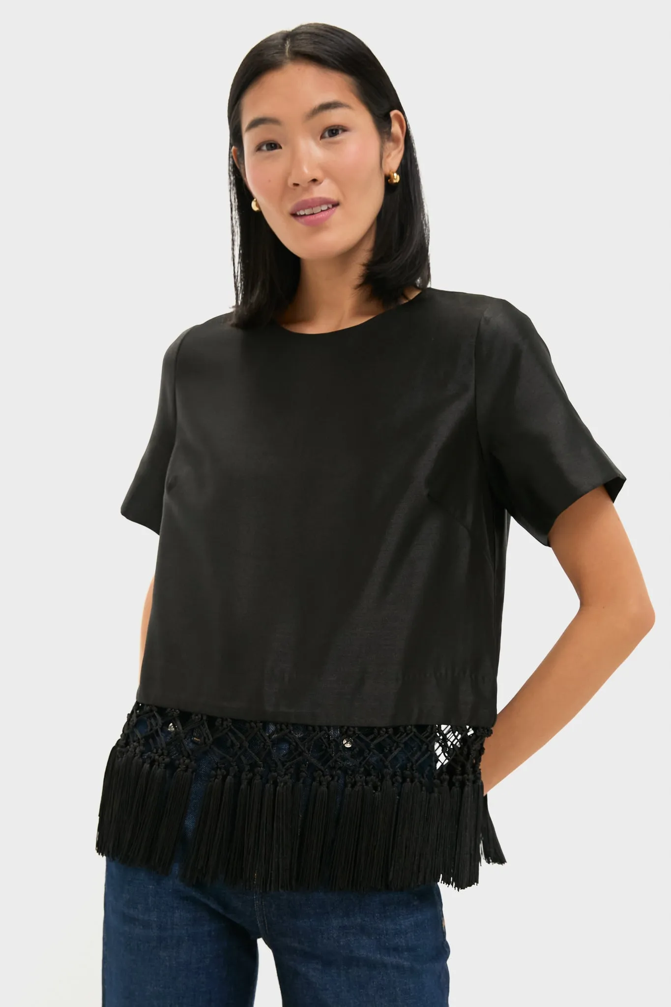 Black Dupioni Chadwick Tassel Top sold by Tuckernuck