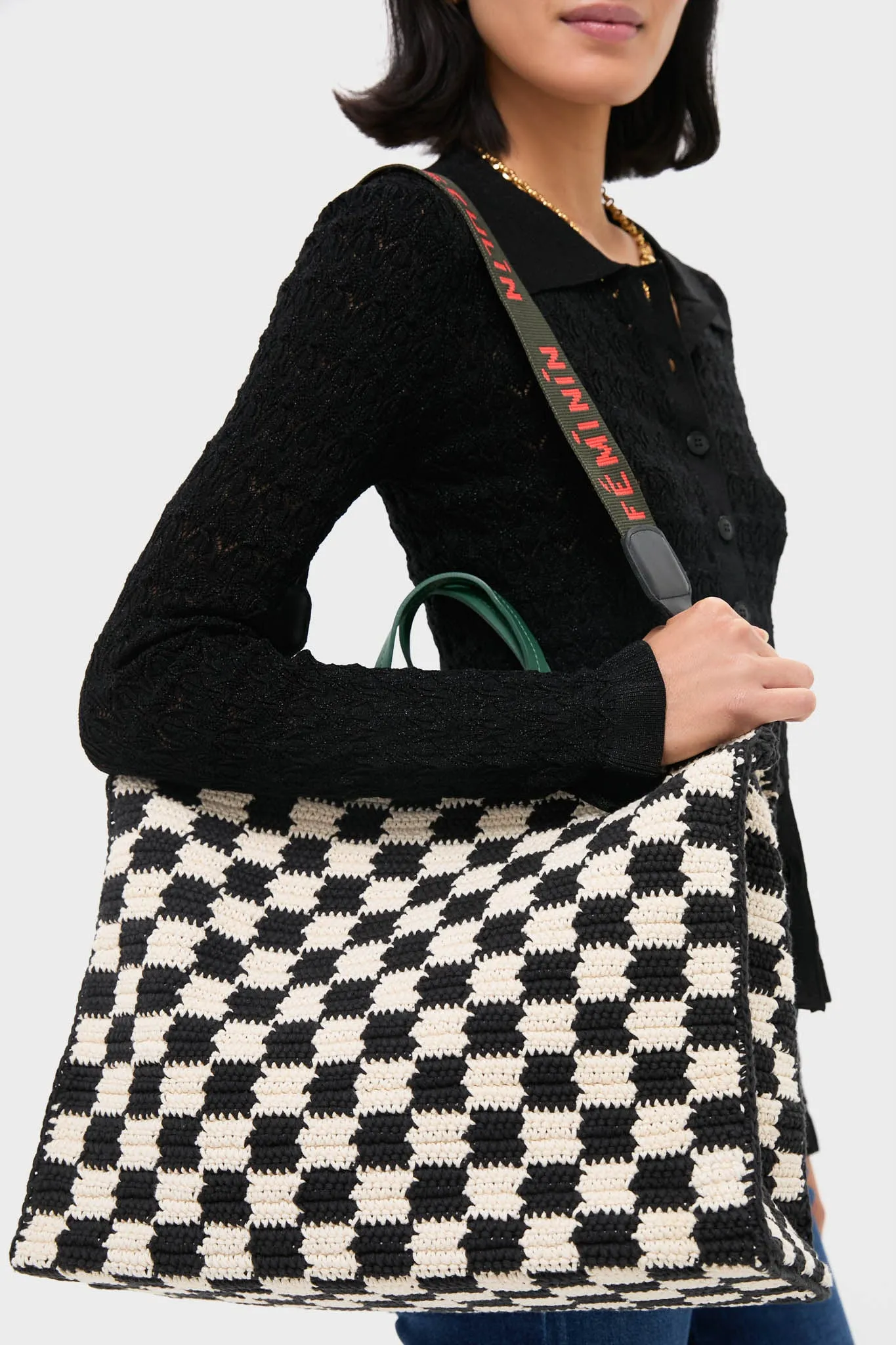 Black and Cream Crochet Checker Summer Simple Tote sold by Tuckernuck product image thumbnail 2