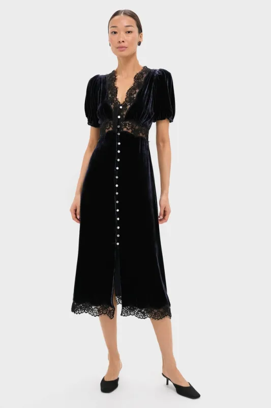 Navy Clarice Velvet Puff Sleeve Midi Dress sold by Tuckernuck