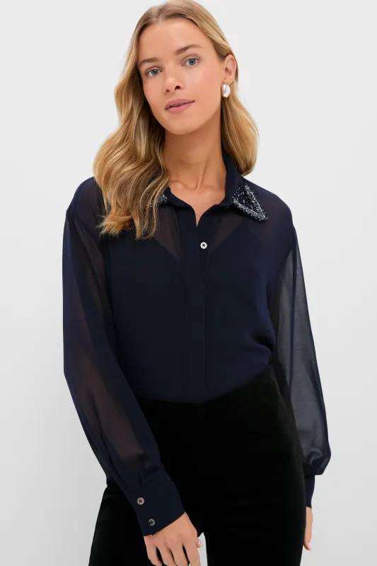 Navy Embellished Sheer Alysse Blouse sold by Tuckernuck