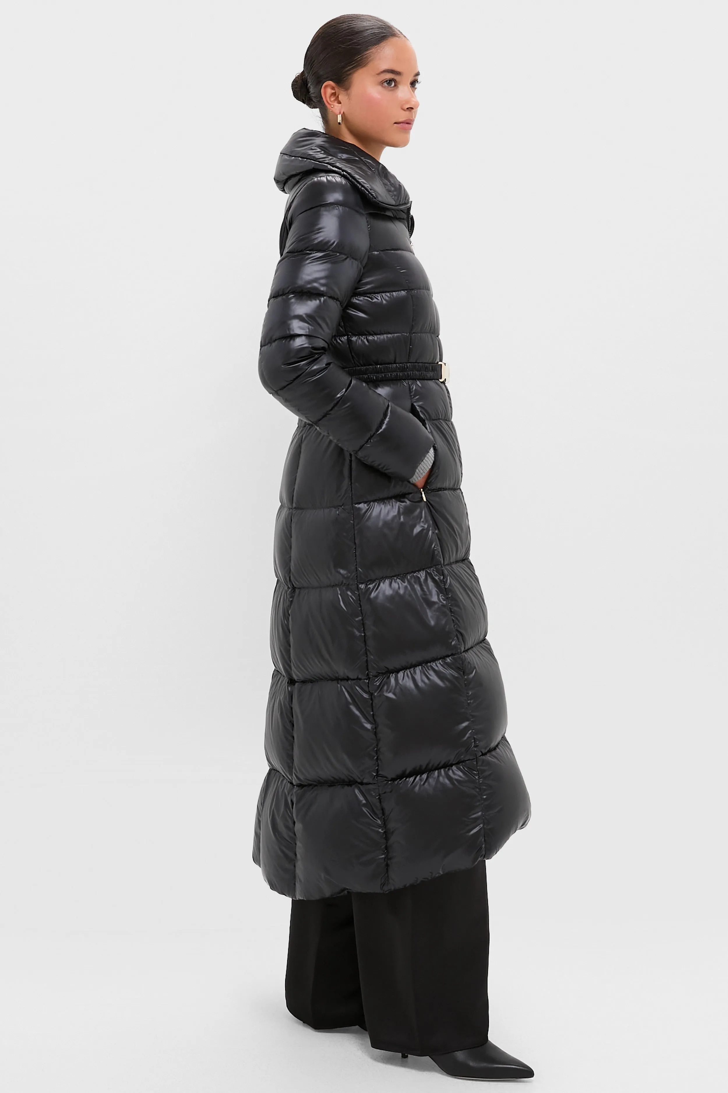 Black Nylon Ultralight Quilted Maxi Coat with Elastic Belt sold by Tuckernuck product image thumbnail 3