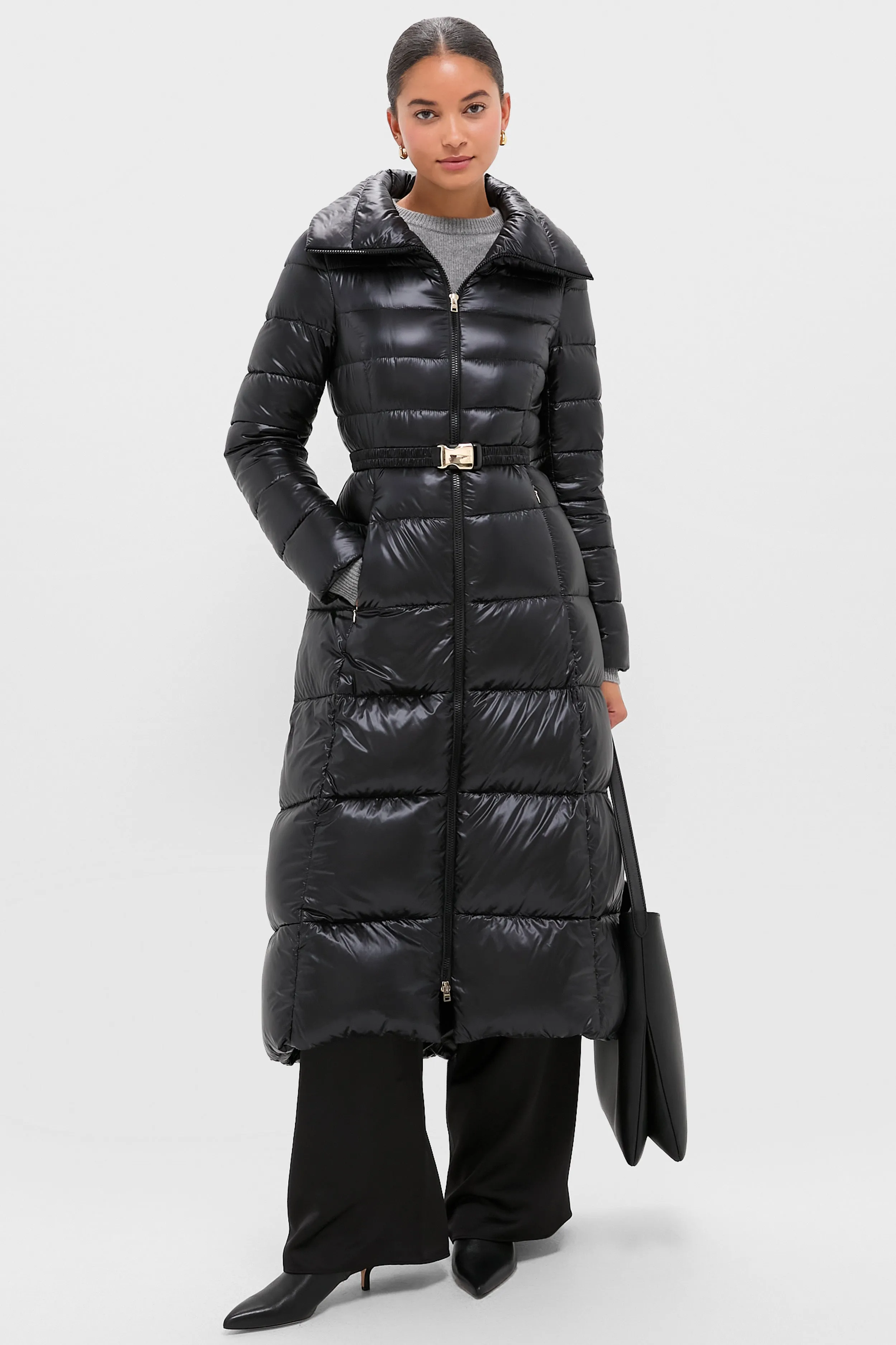 Black Nylon Ultralight Quilted Maxi Coat with Elastic Belt sold by Tuckernuck product image thumbnail 2