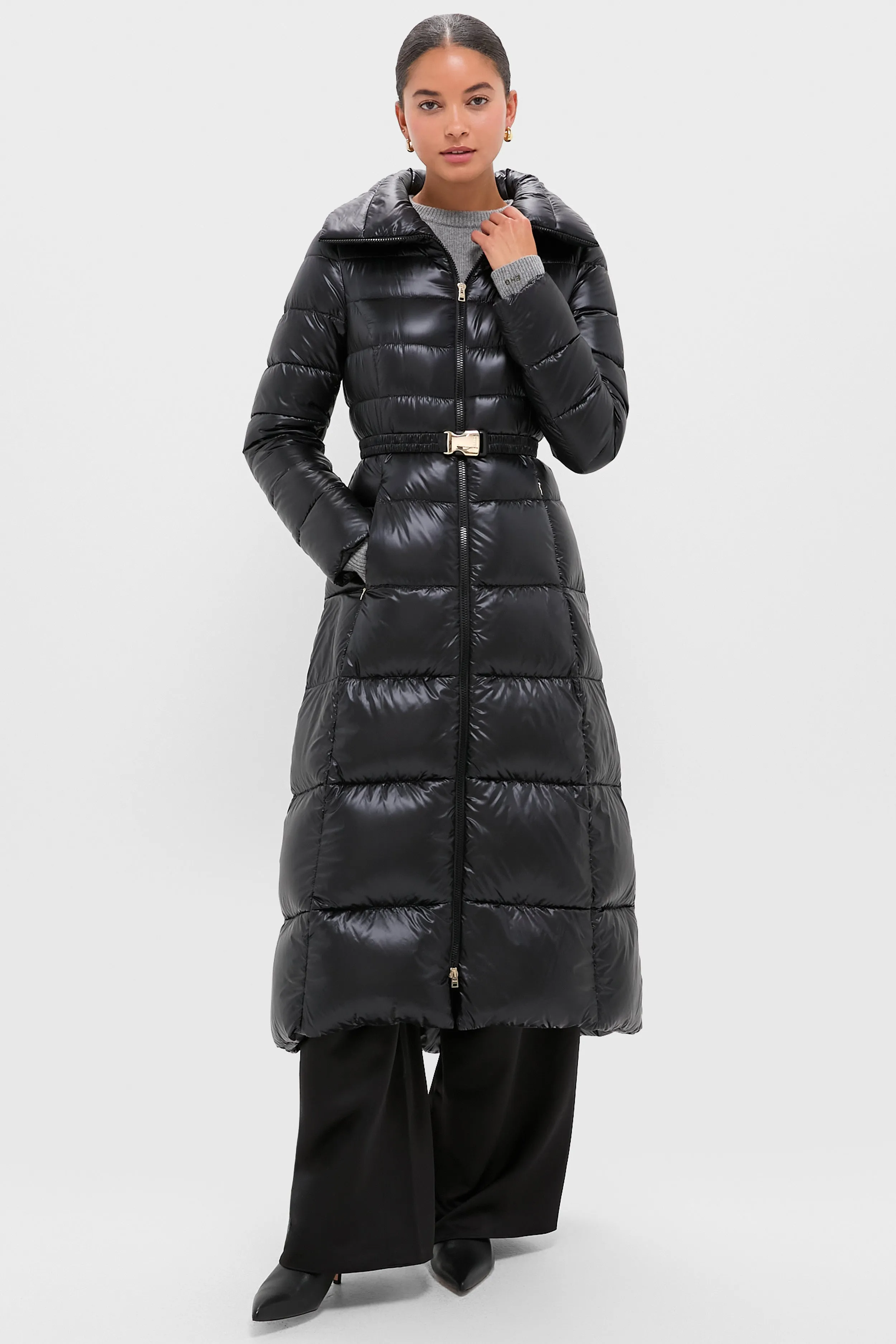 Black Nylon Ultralight Quilted Maxi Coat with Elastic Belt sold by Tuckernuck
