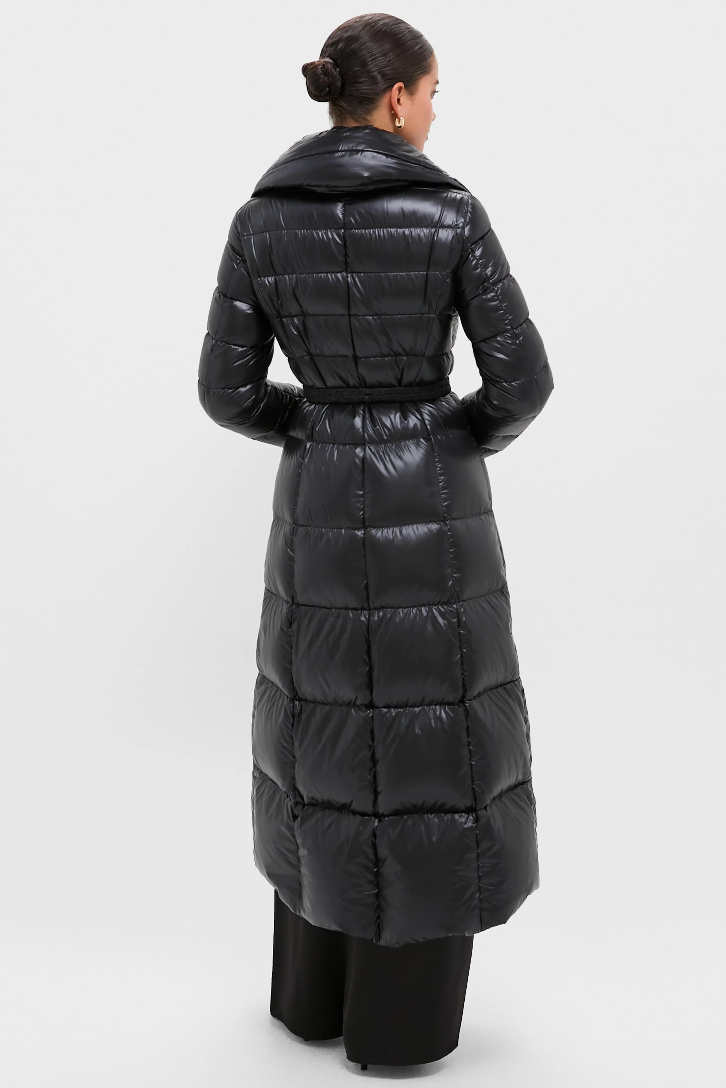 Black Nylon Ultralight Quilted Maxi Coat with Elastic Belt sold by Tuckernuck product image thumbnail 4