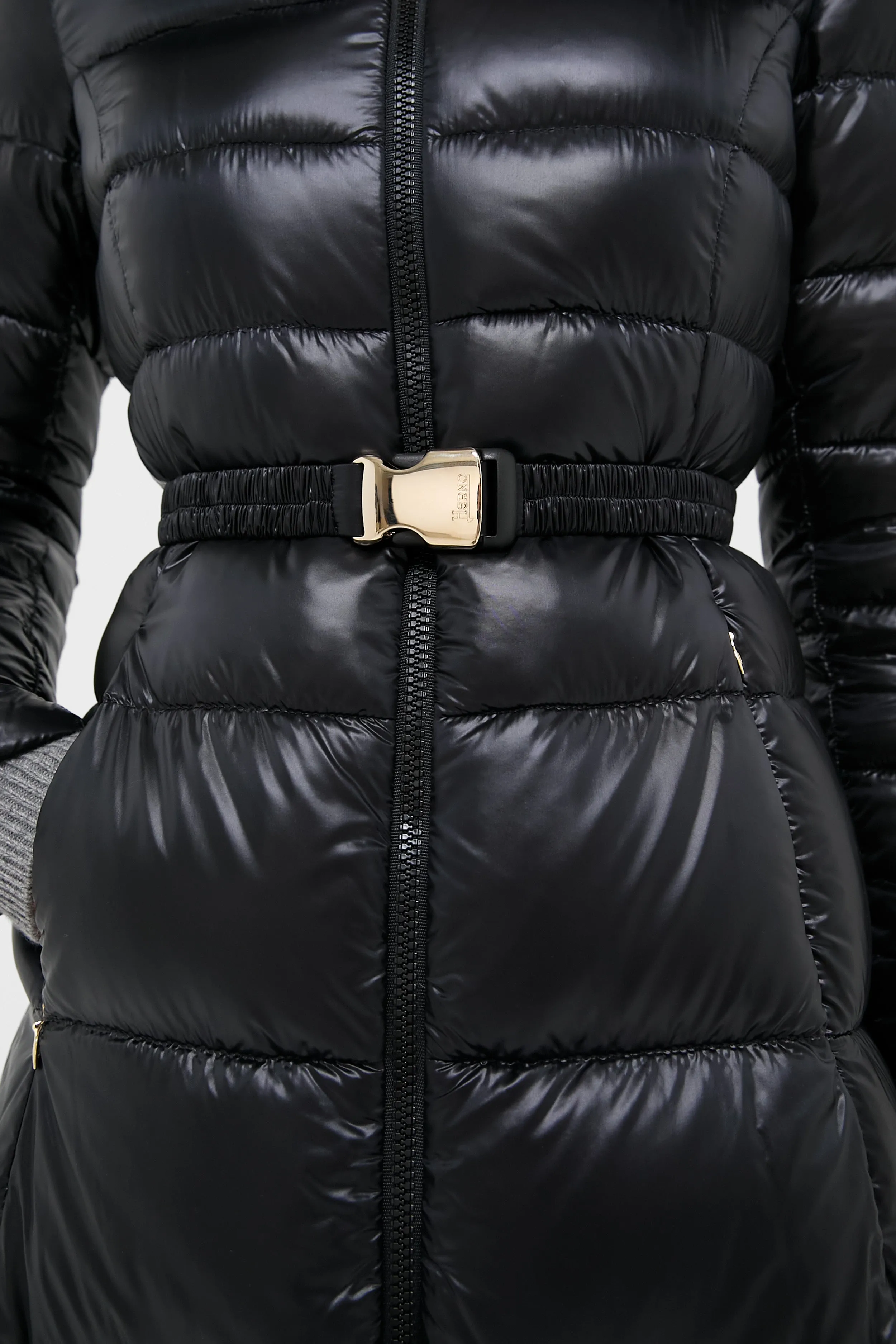 Black Nylon Ultralight Quilted Maxi Coat with Elastic Belt sold by Tuckernuck product image thumbnail 5