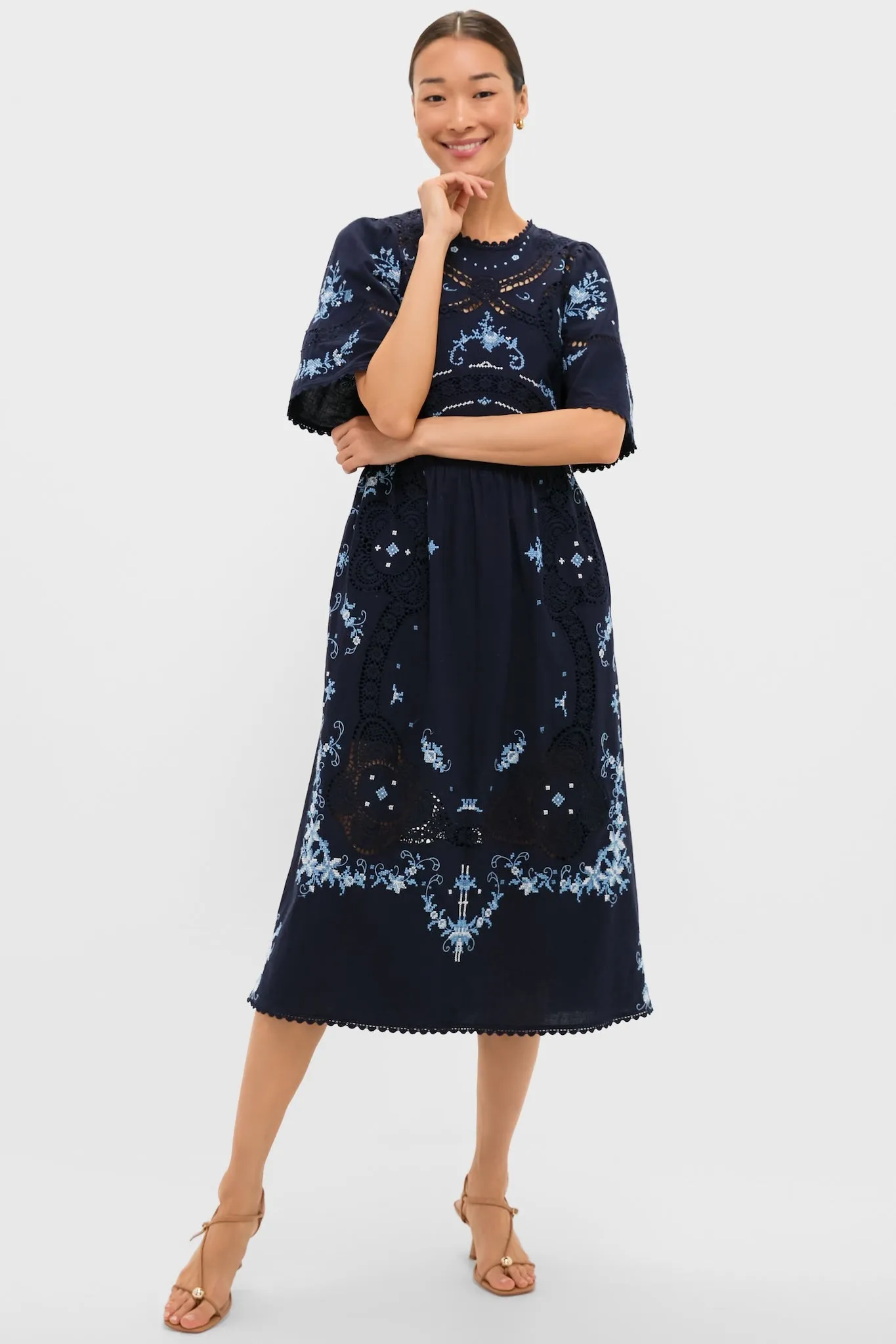 Exclusive Navy Edwina Embroidery Midi Dress sold by Tuckernuck