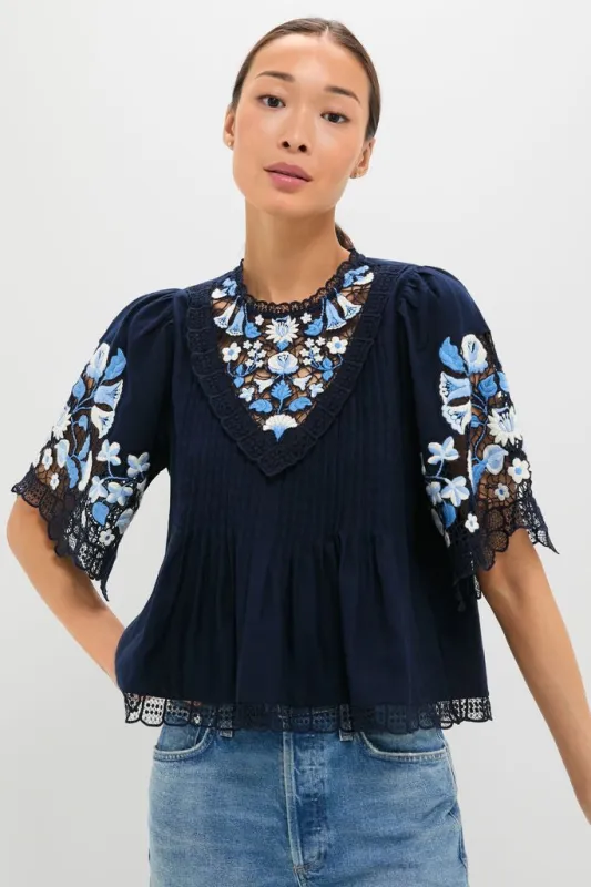 Exclusive Navy Edwina Embroidery Short Sleeve Top sold by Tuckernuck