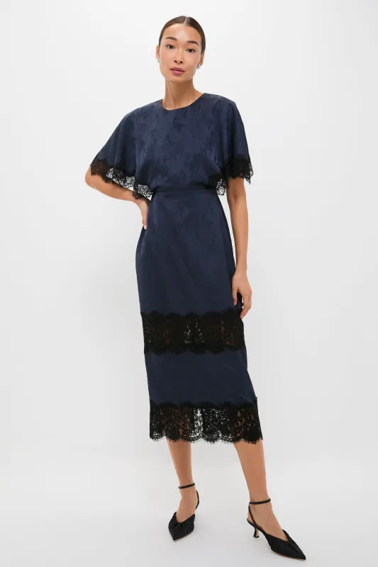 Navy Jacquard and Black Lace Cape Leah Dress sold by Tuckernuck