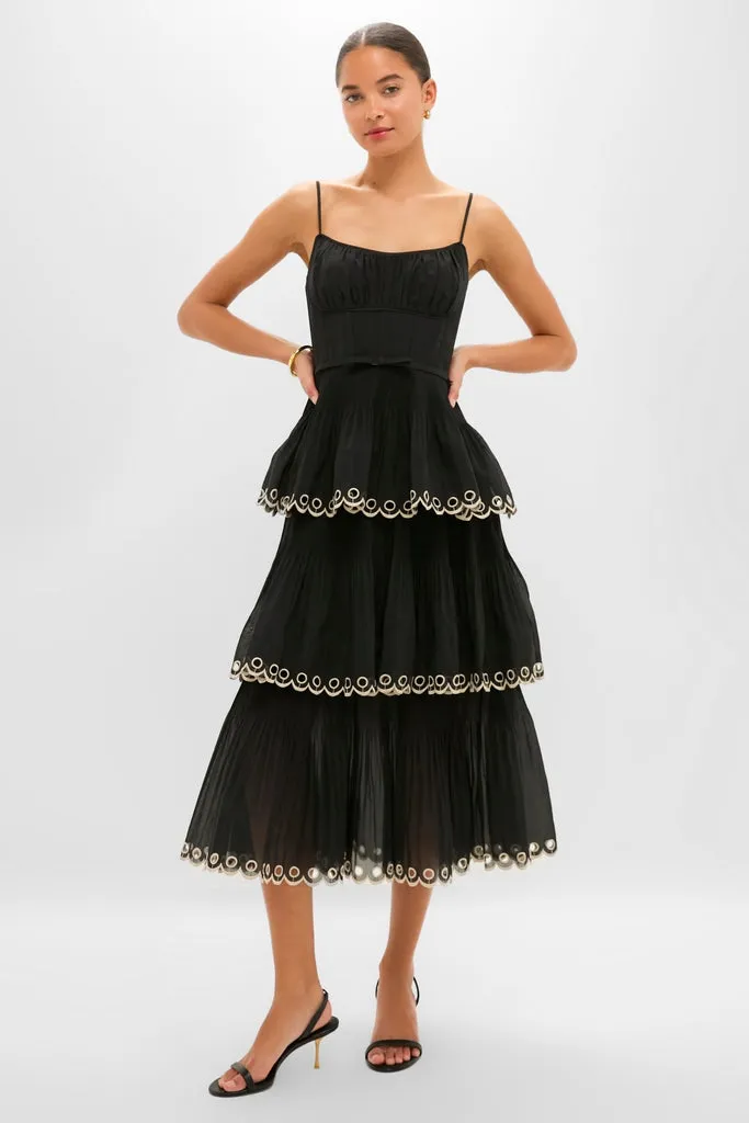 Black Embroidered Tiered Midi Dress sold by Tuckernuck