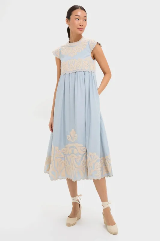 Blue Alexandra Embroidery Cap Sleeve Midi Dress sold by Tuckernuck