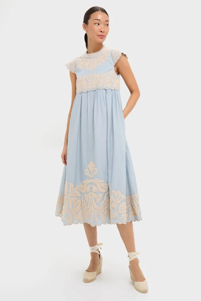 Blue Alexandra Embroidery Cap Sleeve Midi Dress sold by Tuckernuck