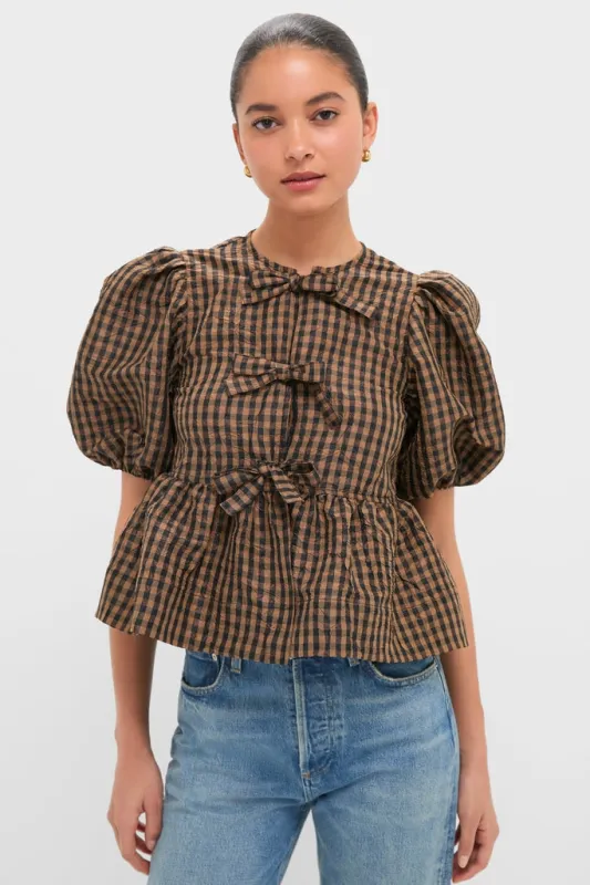 Tobacco Brown Crinkled Taffeta Check Peplum Blouse made by Ganni