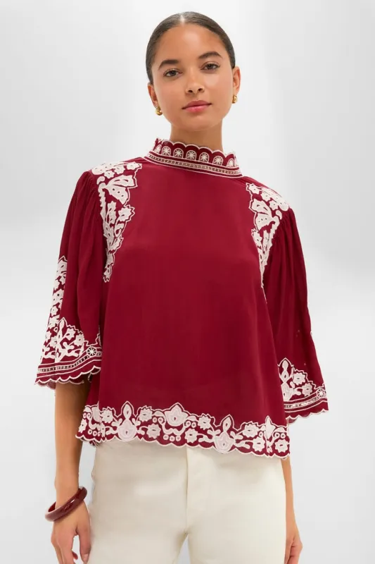 Burgundy Bicolor Palm Tree Embroidery Blouse sold by Tuckernuck