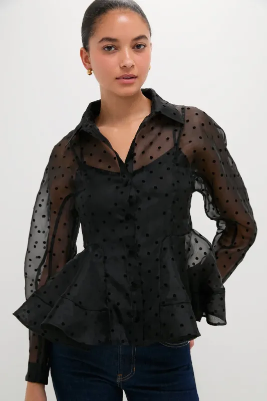 Black Flocked Organza Peplum Shirt sold by Tuckernuck