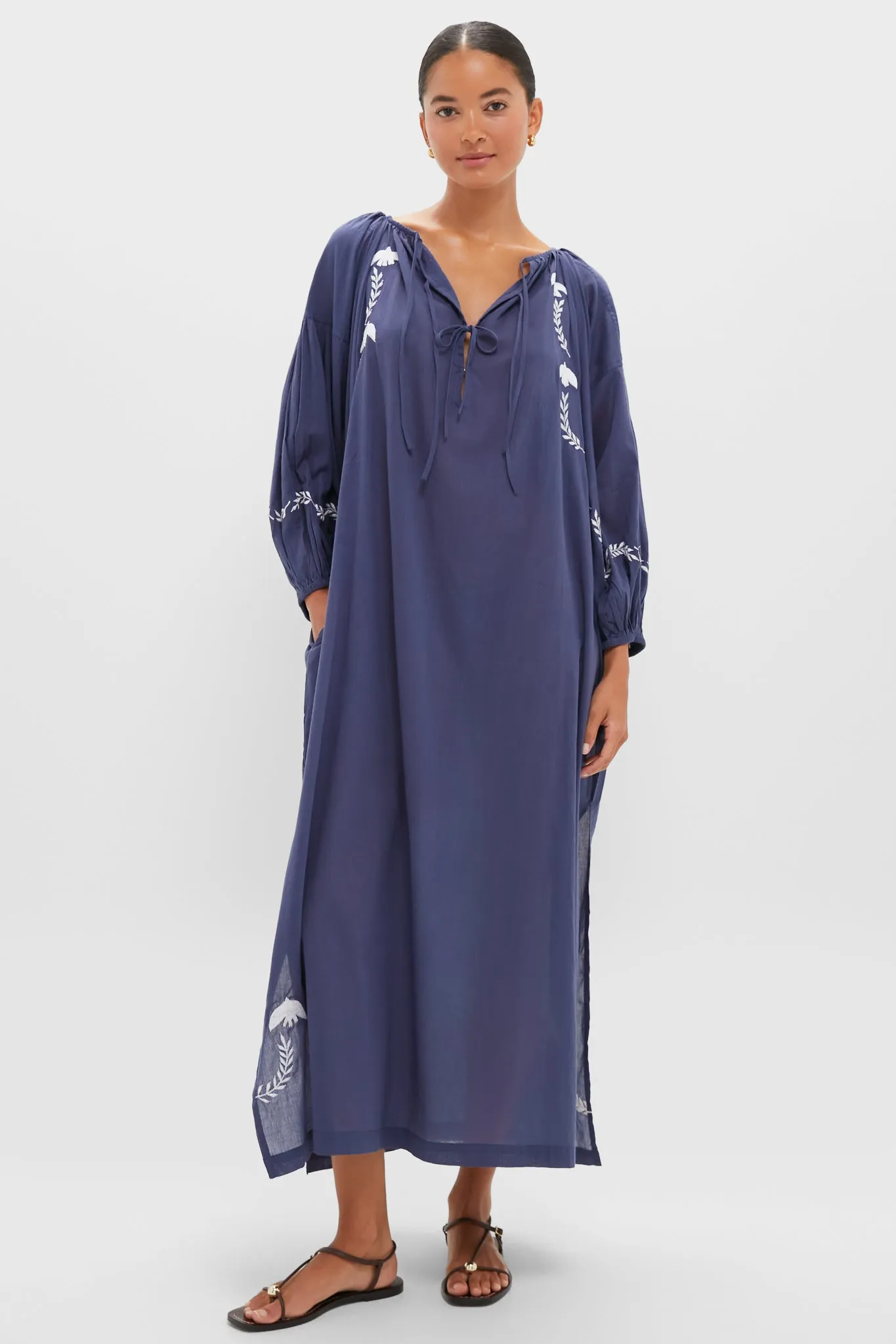 White Dove Embroidery Blue Indigo Organic Folk Maxi Dress sold by Tuckernuck