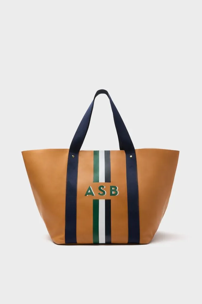 Tan Big Daddy Tote with Green Monogram sold by Tuckernuck